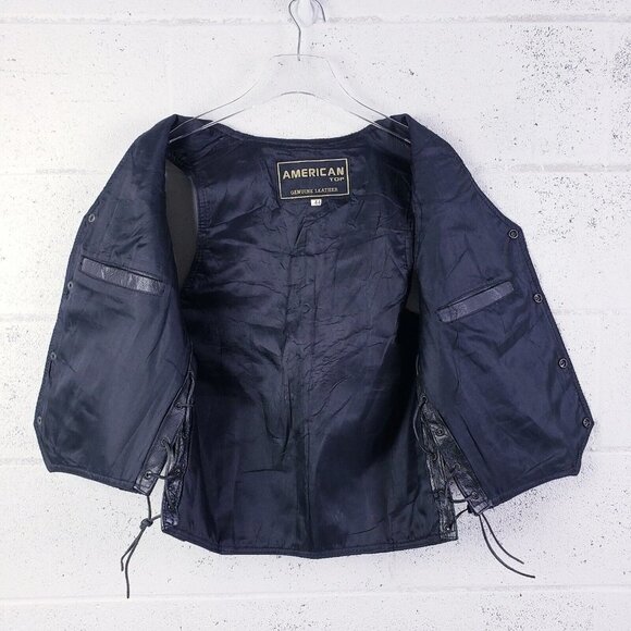 Vintage 90s y2k Black Leather Snap Front Vest Lace Up Sides V-Neck Men's SIze 44 - Picture 9 of 11